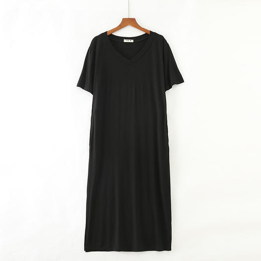 韩版V领短袖棉大码莫代尔连衣裙宽松休闲开叉长裙YHH-2009 商品图7