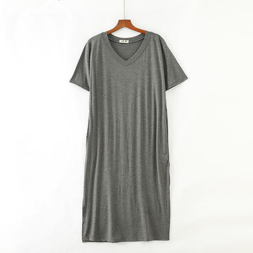 韩版V领短袖棉大码莫代尔连衣裙宽松休闲开叉长裙YHH-2009 商品图5