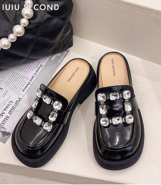 IUIU SECOND 2022夏新款时髦水钻方扣厚底穆勒拖鞋U22AH11231 商品图3