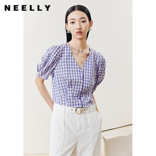 NEELLY纳俪商场同款气质V领白色衬衫女灯笼袖短款小衫简约上衣N22051B01125 商品图3