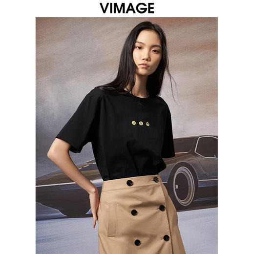 VIMAGE纬漫纪夏季新款宽松版100%纯棉简约圆领通勤纯色休闲T恤上衣V1702315 商品图1
