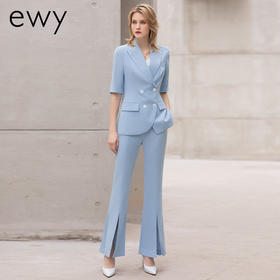 时尚夏季新款蓝色短袖西装套裤女播音艺考面试西服气质通勤职业装