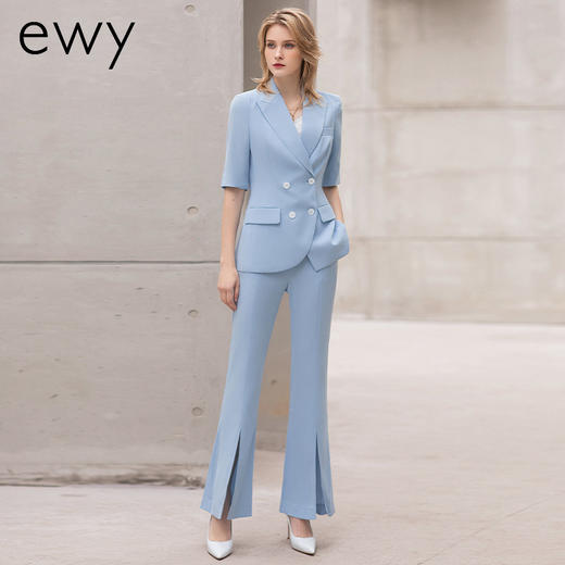 时尚夏季新款蓝色短袖西装套裤女播音艺考面试西服气质通勤职业装 商品图0