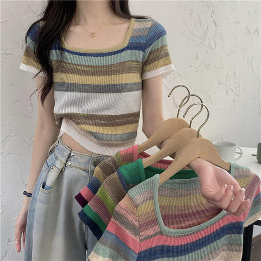 黛唯梵彩虹条纹方领针织衫女夏韩版设计感小众修身显瘦短款短袖T恤上衣 商品图1