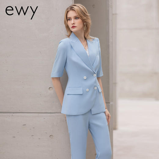 时尚夏季新款蓝色短袖西装套裤女播音艺考面试西服气质通勤职业装 商品图3