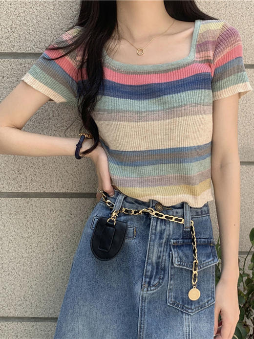 黛唯梵彩虹条纹方领针织衫女夏韩版设计感小众修身显瘦短款短袖T恤上衣 商品图3