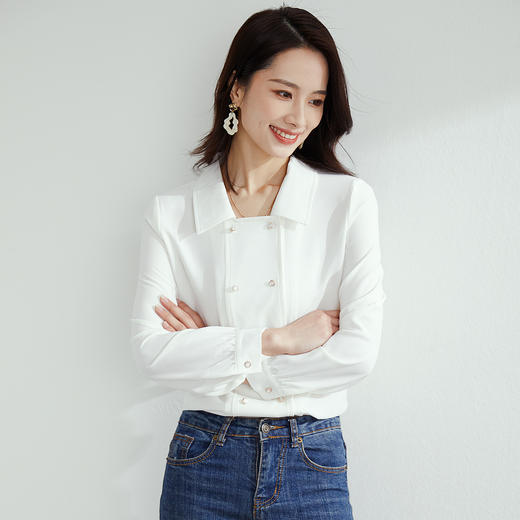 【高定款】罗蒙春季女士长袖衬衫优雅大方简约双排扣商务通勤衬衣女 商品图2