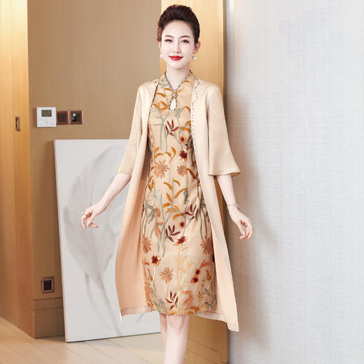 经典香槟金刺绣假两件连衣裙妈妈装高贵优雅婚宴礼服LC2253 商品图1
