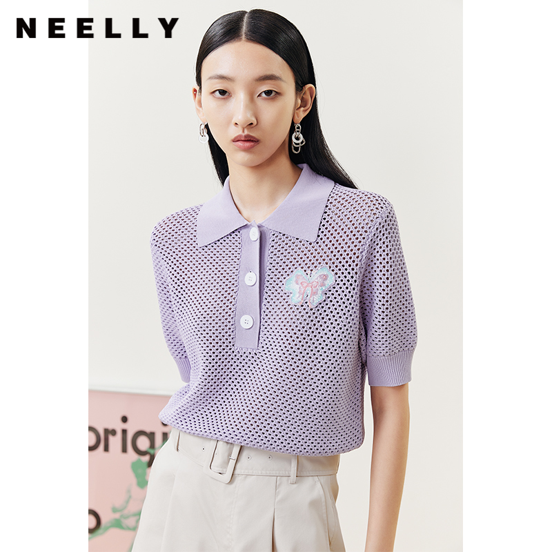 NEELLY纳俪商场同款POLO领镂空针织衫女蝴蝶珠片绣设计短款上衣N22051A01111