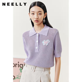 NEELLY纳俪商场同款POLO领镂空针织衫女蝴蝶珠片绣设计短款上衣N22051A01111