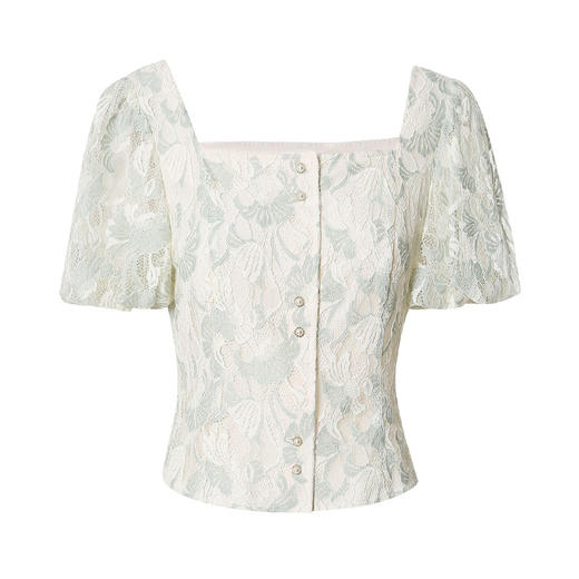 EITIE爱特爱夏季新款短款气质通勤显瘦泡泡袖方领蕾丝小上衣B2213906 商品图5