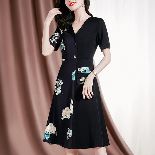 新款桑蚕丝印花优雅V领短袖女士连衣裙SM-82297329 商品图0