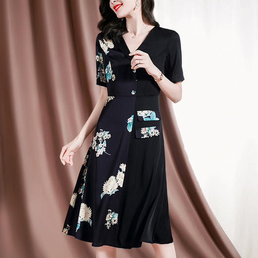 新款桑蚕丝印花优雅V领短袖女士连衣裙SM-82297329 商品图2