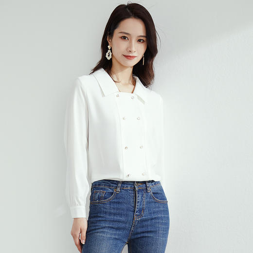 【高定款】罗蒙春季女士长袖衬衫优雅大方简约双排扣商务通勤衬衣女 商品图3