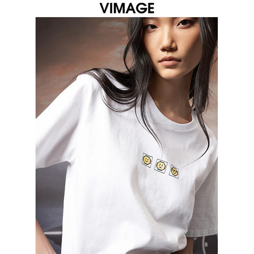 VIMAGE纬漫纪夏季新款宽松版100%纯棉简约圆领通勤纯色休闲T恤上衣V1702315 商品图5