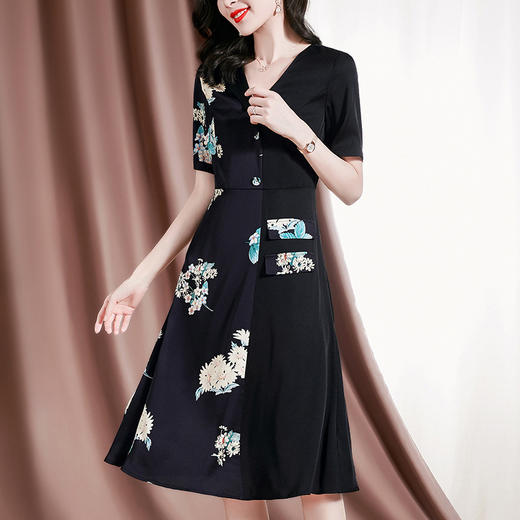 新款桑蚕丝印花优雅V领短袖女士连衣裙SM-82297329 商品图3