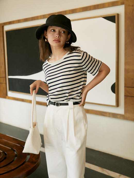 HeyDress法式条纹短袖T恤女夏季海军风海魂衫宽松针织半袖上衣 商品图2