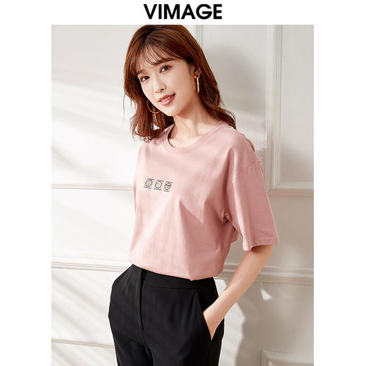 VIMAGE纬漫纪夏季新款宽松版100%纯棉简约圆领通勤纯色休闲T恤上衣V1702315 商品图2
