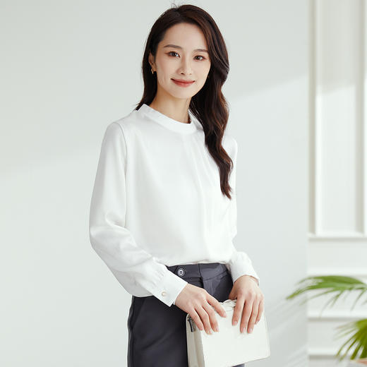 【高定款】罗蒙圆领气质长袖衬衫女商务休闲通勤质感纯色女士衬衣 商品图1