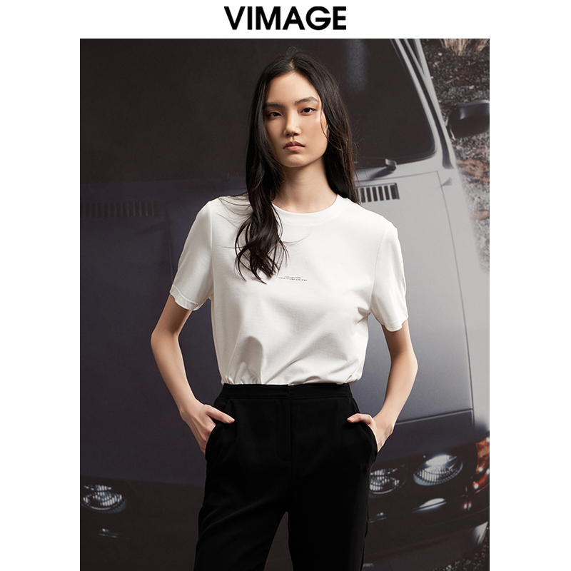 VIMAGE纬漫纪夏季新款宽松版简约舒适透气印花显瘦T恤上衣女V1702314