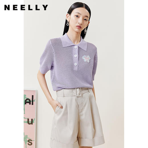 NEELLY纳俪商场同款POLO领镂空针织衫女蝴蝶珠片绣设计短款上衣N22051A01111 商品图3