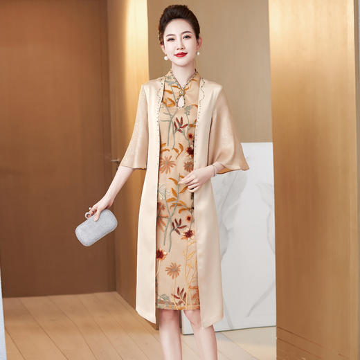 经典香槟金刺绣假两件连衣裙妈妈装高贵优雅婚宴礼服LC2253 商品图2