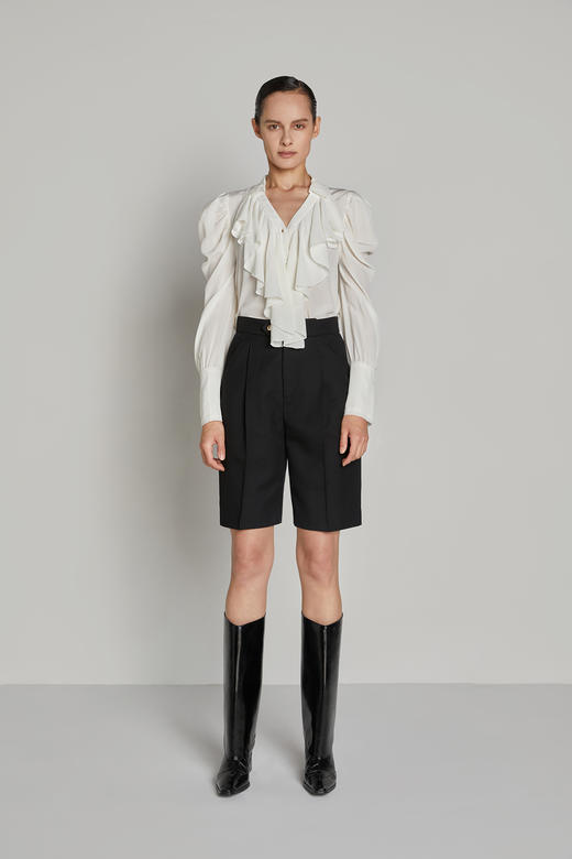 前胸花边泡泡袖衬衫 商品图0