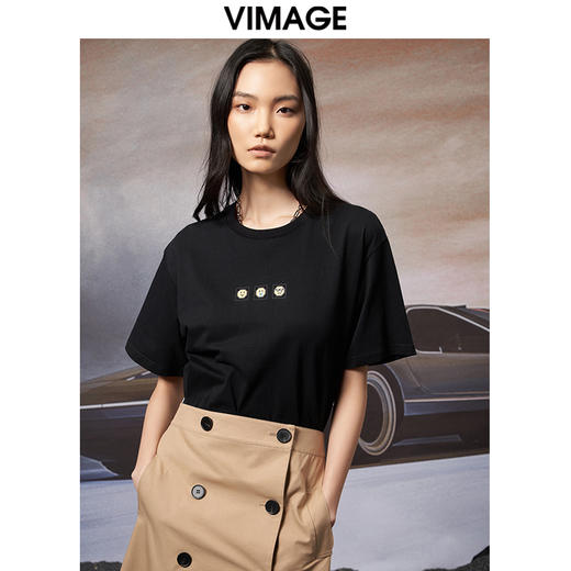 VIMAGE纬漫纪夏季新款宽松版100%纯棉简约圆领通勤纯色休闲T恤上衣V1702315 商品图8
