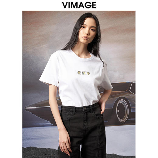 VIMAGE纬漫纪夏季新款宽松版100%纯棉简约圆领通勤纯色休闲T恤上衣V1702315 商品图0