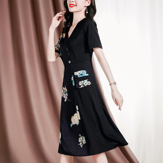 新款桑蚕丝印花优雅V领短袖女士连衣裙SM-82297329 商品图1