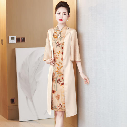 经典香槟金刺绣假两件连衣裙妈妈装高贵优雅婚宴礼服LC2253 商品图5