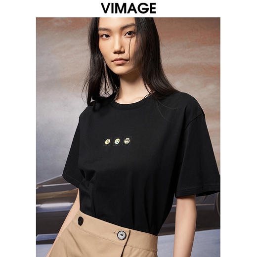VIMAGE纬漫纪夏季新款宽松版100%纯棉简约圆领通勤纯色休闲T恤上衣V1702315 商品图9