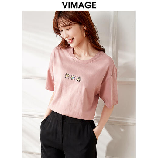VIMAGE纬漫纪夏季新款宽松版100%纯棉简约圆领通勤纯色休闲T恤上衣V1702315 商品图13