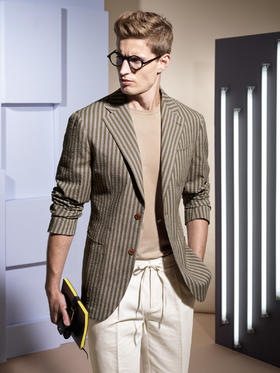 Stylbiella 四面弹泡泡纱棕色条纹全麻衬单西