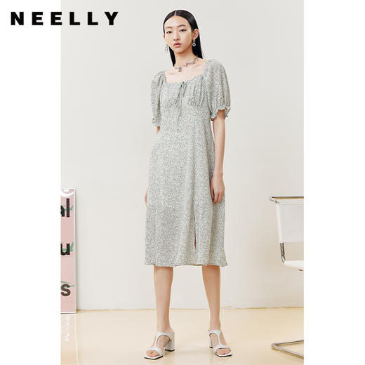NEELLY纳俪商场同款夏季碎花连衣裙女中长款泡泡袖A字茶歇裙百搭N22043Y01103 商品图2