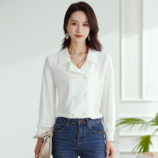【高定款】罗蒙春季女士长袖衬衫优雅大方简约双排扣商务通勤衬衣女 商品图1