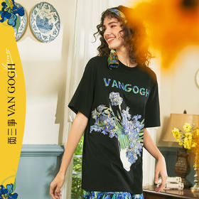 两三事梵高艺术花丛撒野夏新款短袖t恤女黑色设计感宽松上衣