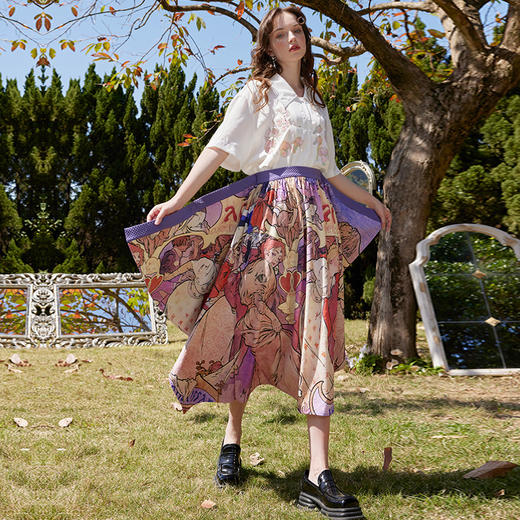 半裙两三事初夏梦 夏季新款复古手绘画印花不规则剪裁高腰半身裙 商品图3