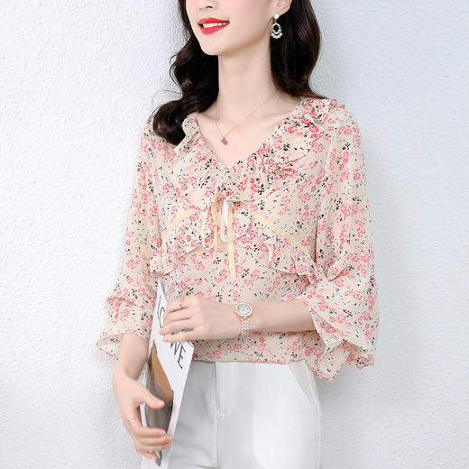 甜美荷叶边套头上衣，仙减龄碎花长袖雪纺衫KQL-9960 商品图3