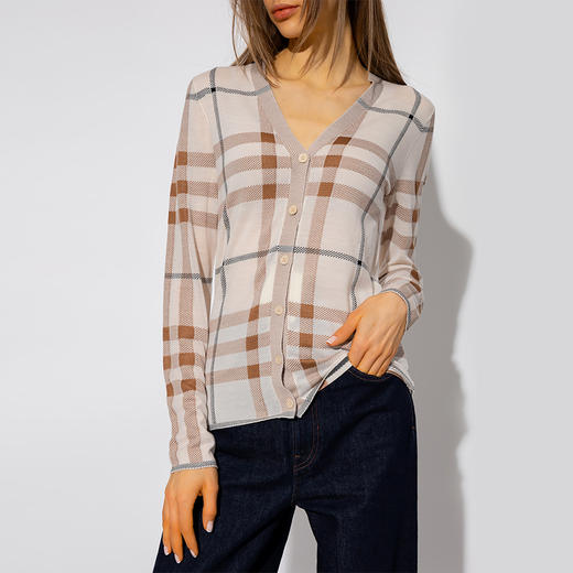 BURBERRY 巴宝莉 女士格纹嵌花羊毛真丝棉质长袖针织开衫 8052401 B2111 商品图1