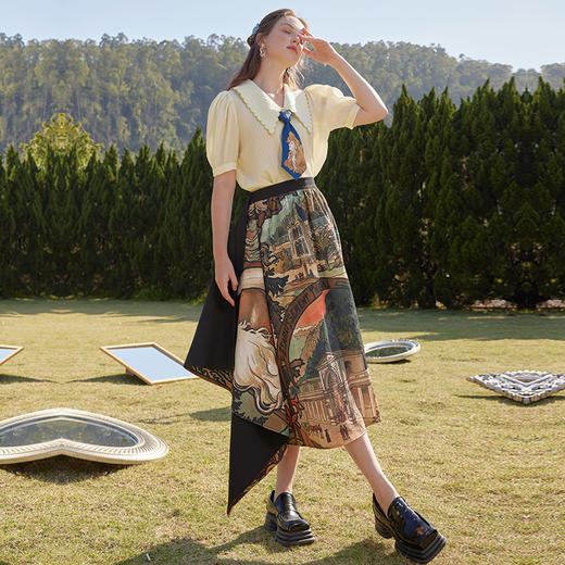 半裙两三事初夏梦 夏季新款复古手绘画印花不规则剪裁高腰半身裙 商品图1