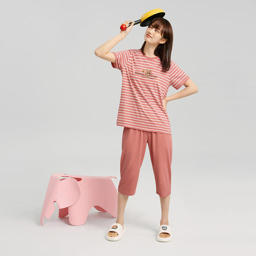 Threegun三枪 【彩条水柔棉】圆领短袖中裤女士家居套家居服-82090D011 商品图1