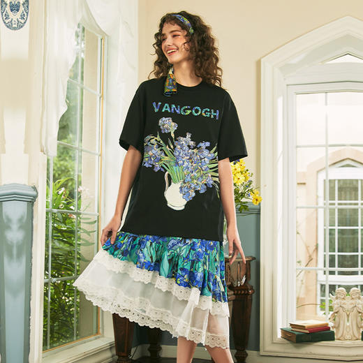 两三事梵高艺术花丛撒野夏新款短袖t恤女黑色设计感宽松上衣 商品图2
