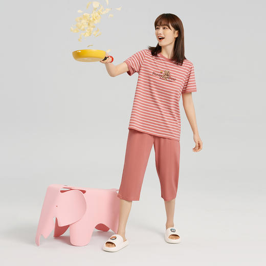 Threegun三枪 【彩条水柔棉】圆领短袖中裤女士家居套家居服-82090D011 商品图2