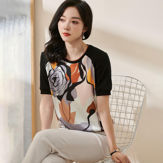 米思阳2026夏季新款时尚优雅艺术印花T恤桑蚕丝短袖圆领上衣1490 商品图2