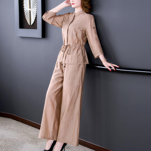 KQLB39N4001 纯色棉麻套装2022春装新款收腰轻奢时尚气质上衣阔腿裤两件套洋气 商品图3