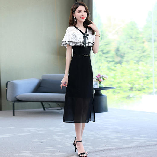 夏季新款连衣裙时尚气质优雅拼接女神范开叉中长裙子HR-WXC319 商品图1