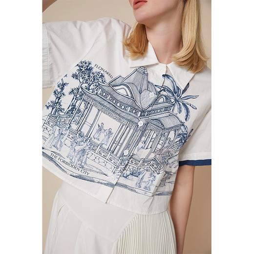 雍正十二月行乐图夏版定位印花白棉衬衣 商品图4