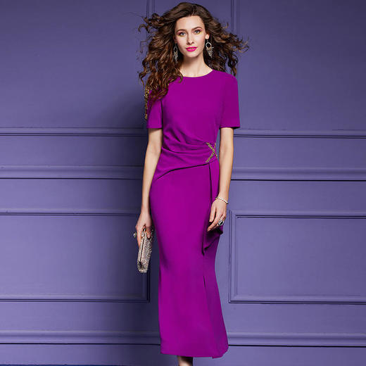 FMY-44117短袖夏装新法式气质褶皱修身鱼尾裙长裙 商品图2