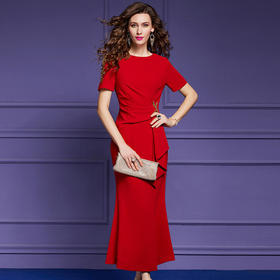 FMY-44117短袖夏装新法式气质褶皱修身鱼尾裙长裙